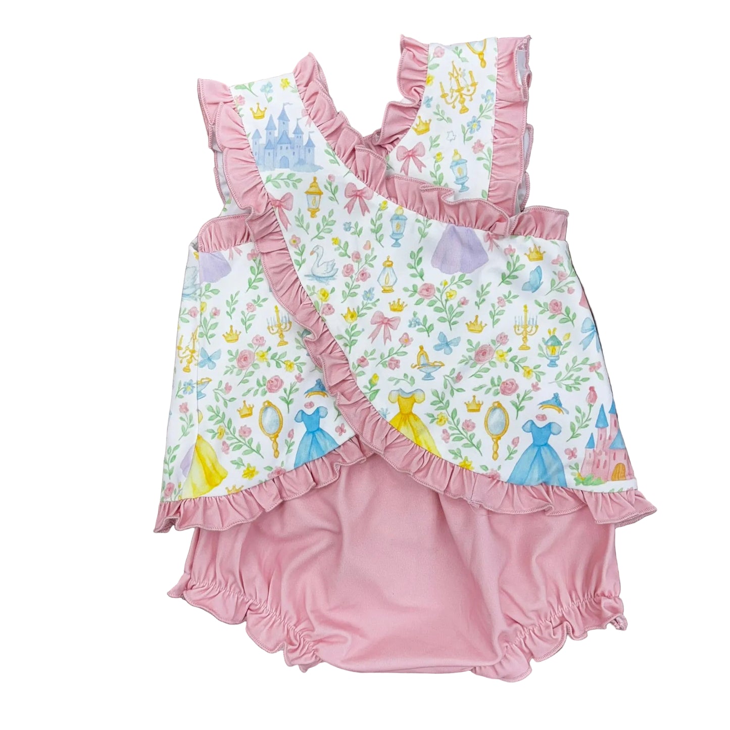 Back of princess bloomer set with criss cross detail, pink bloomers.