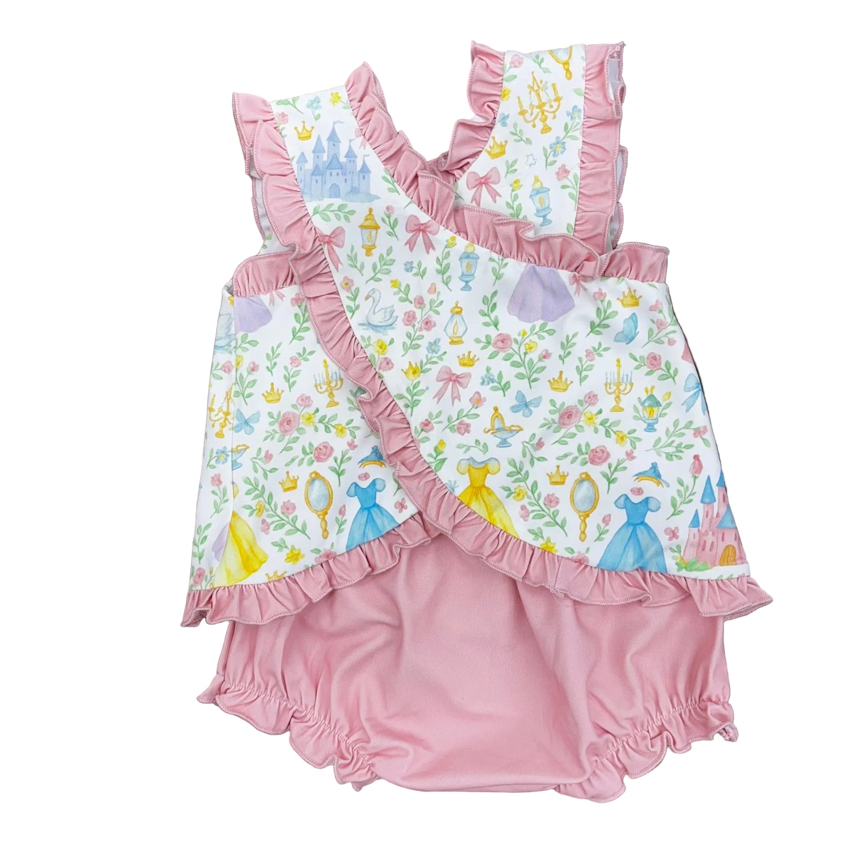 Back of princess bloomer set with criss cross detail, pink bloomers.