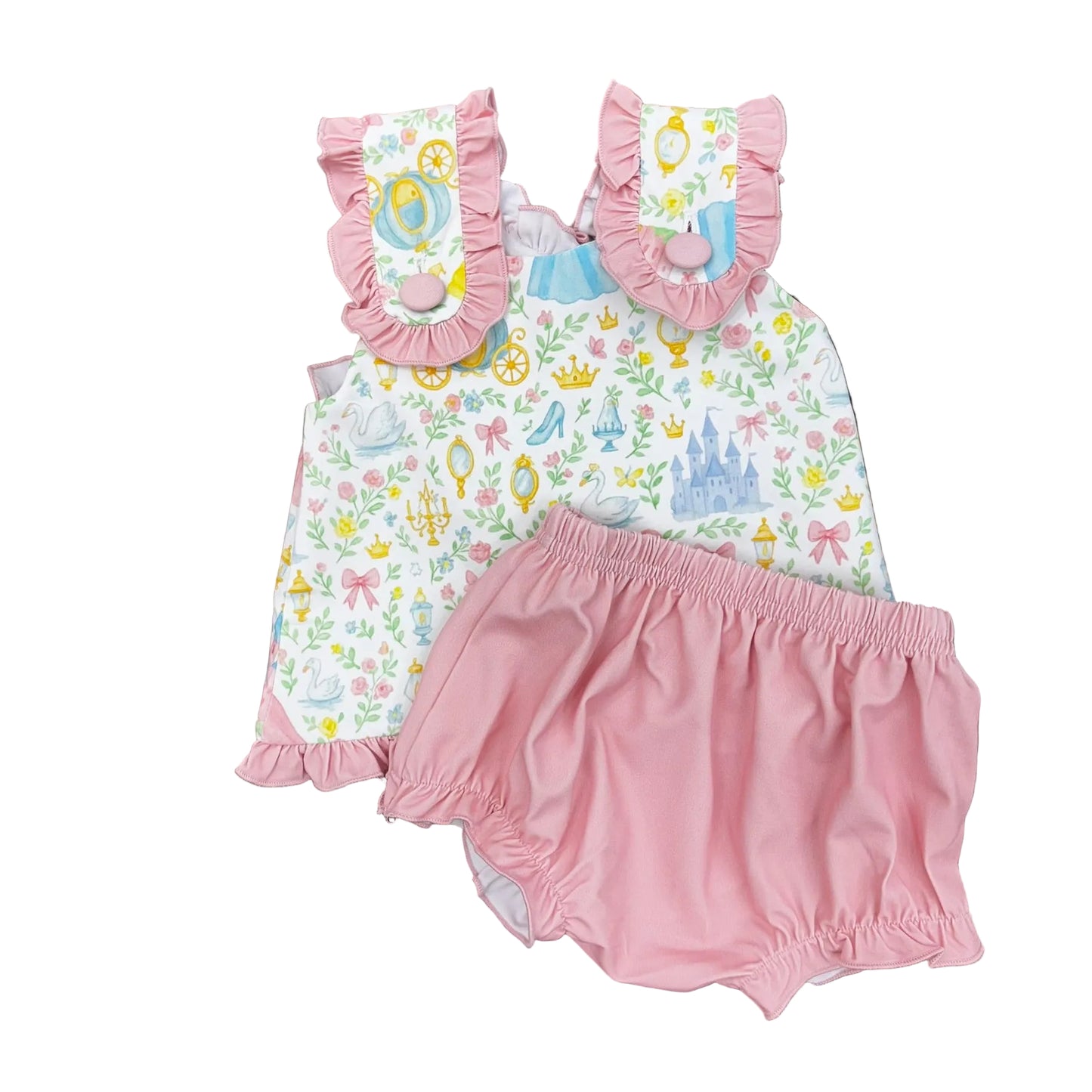 Princess design on white background on a ruffle trim top with a pink bloomer.