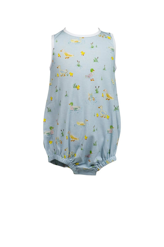 Baby blue boy bubble with different ducks pattern all over with white trim.