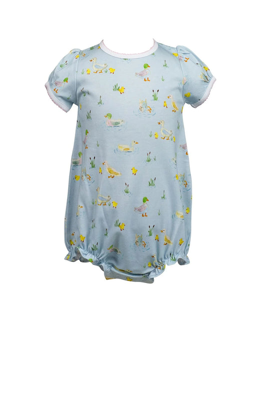 Light blue baby girl bubble with duck pattern print with white border