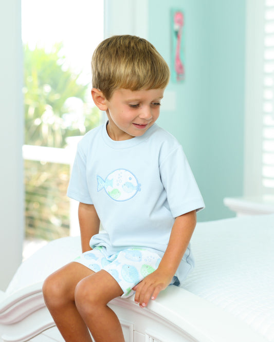 Light Blue Puffer Fish Applique Shirt with white shorts with puffer fish design