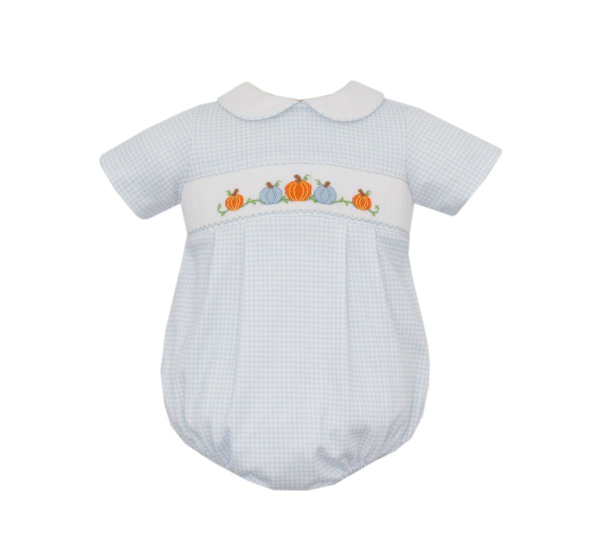 Baby romper with checkered pattern and embroidered pumpkins on a white background