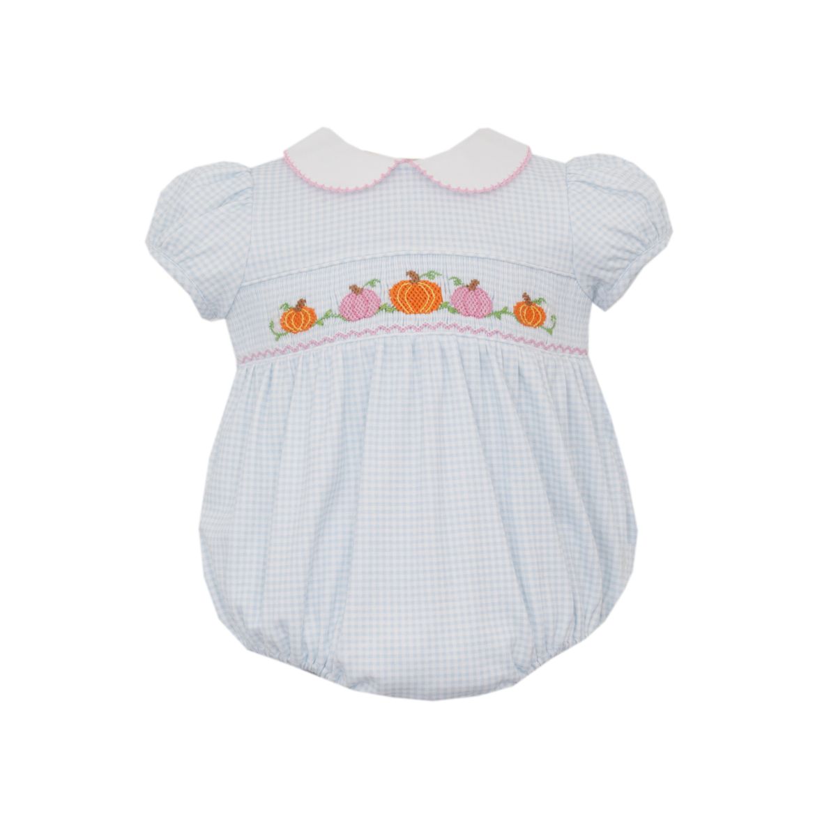 Baby romper with checkered pattern and embroidered pumpkins on a white background