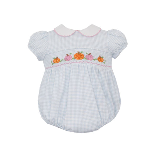Baby romper with checkered pattern and embroidered pumpkins on a white background