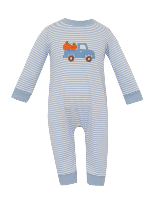 Striped blue baby onesie with a truck and pumpkin design on a white background