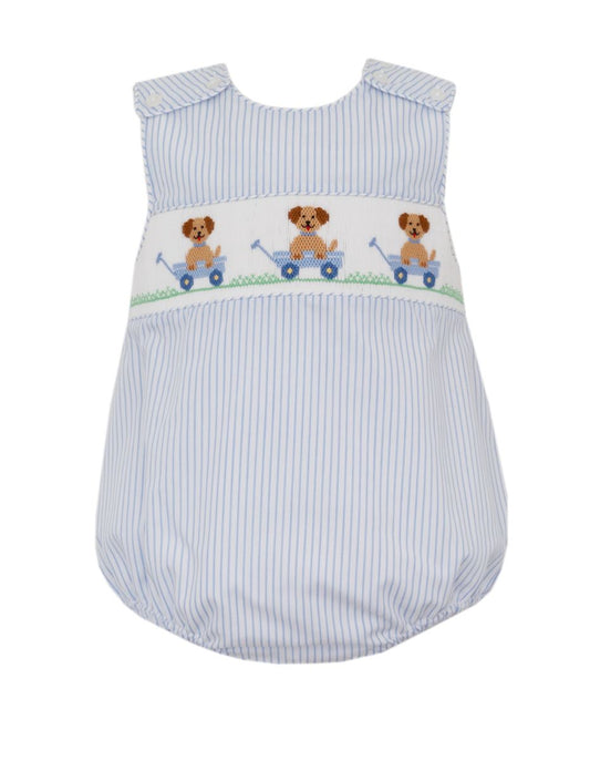 Blue stripe smocked bubble with dogs in a wagon 