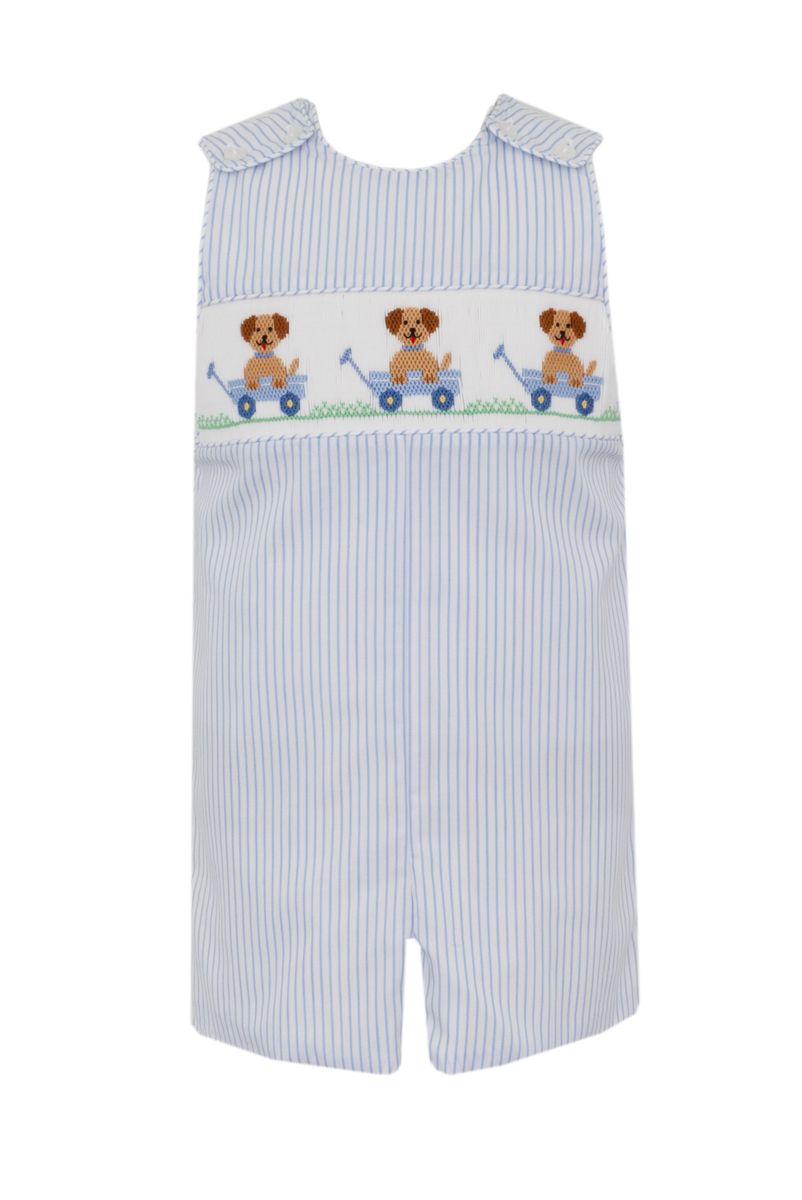 Blue and white striped smocked boys romper with dogs in wagon 