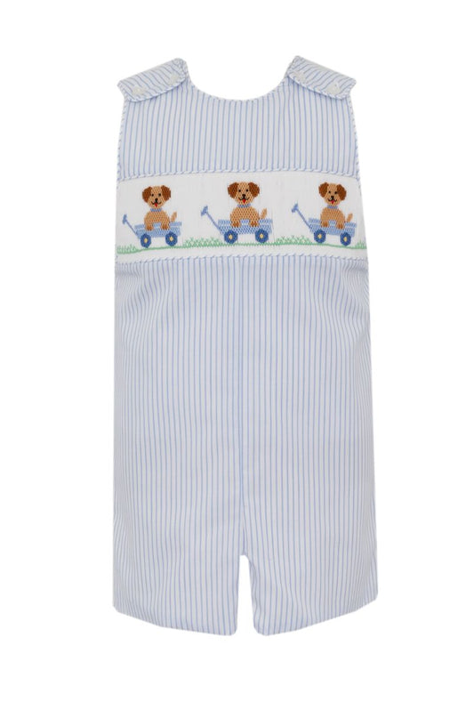 Blue and white striped smocked boys romper with dogs in wagon 