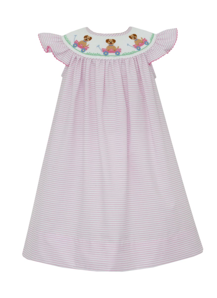Pink and white striped smocked dress with dogs in pink wagon 