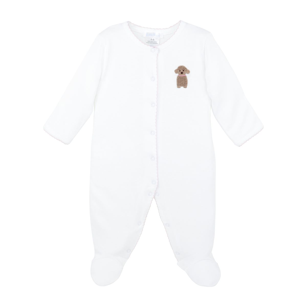 A white long-sleeve baby footed sleeper with a small brown dog graphic on the left chest, shown against a plain white background.