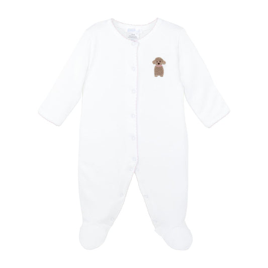 A white long-sleeve baby footed sleeper with a small brown dog graphic on the left chest, shown against a plain white background.