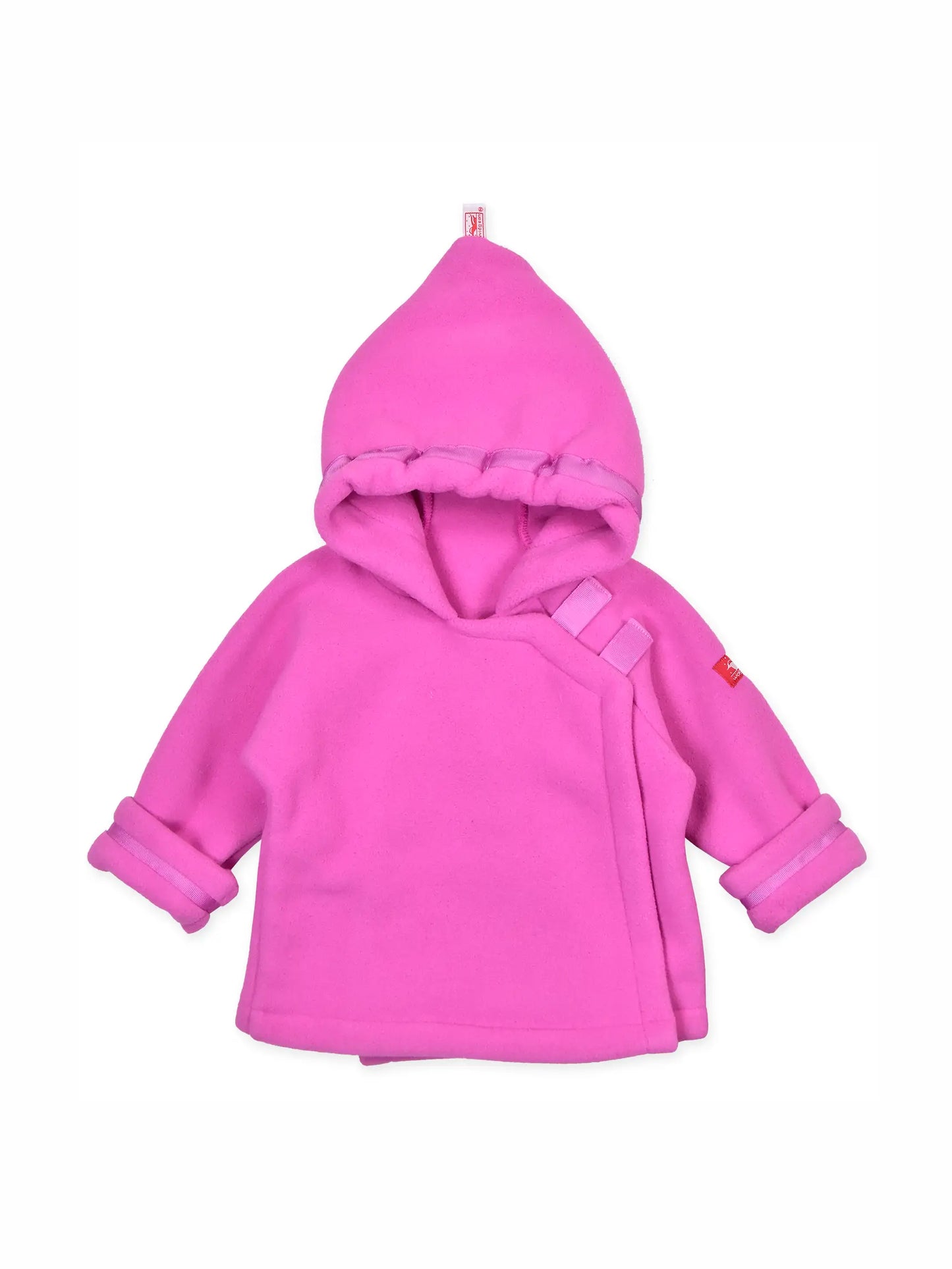 A bright pink hooded wrap jacket for toddlers, featuring a soft fleece-like texture, a hood with a drawstring, and a wrap-style front closure, shown against a plain white background.