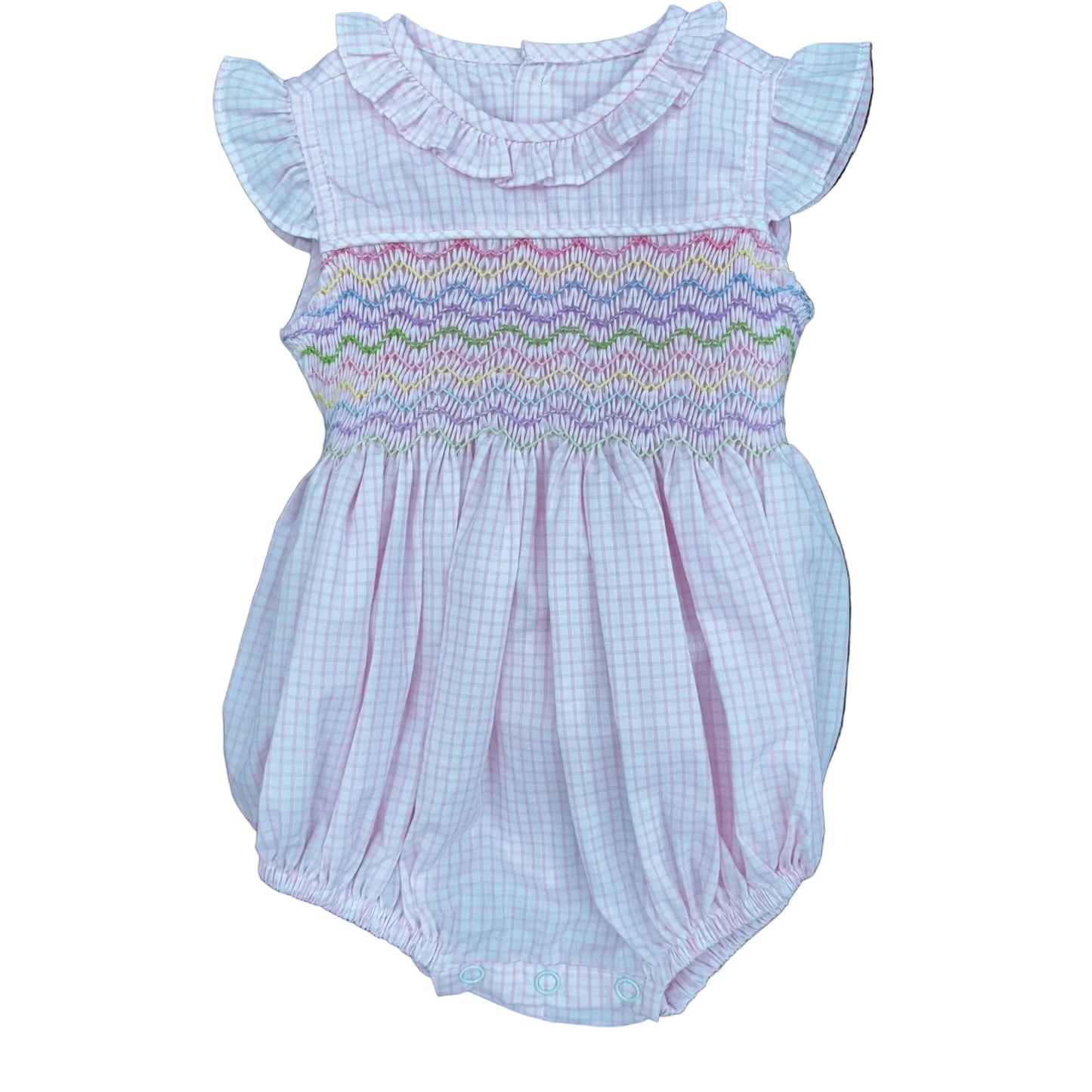 Pink Gingham Bubble with ruffle collar and sleeves and multicolor embroidery on smocked bodice.