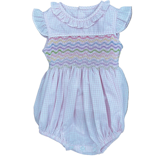 Pink Gingham Bubble with ruffle collar and sleeves and multicolor embroidery on smocked bodice.