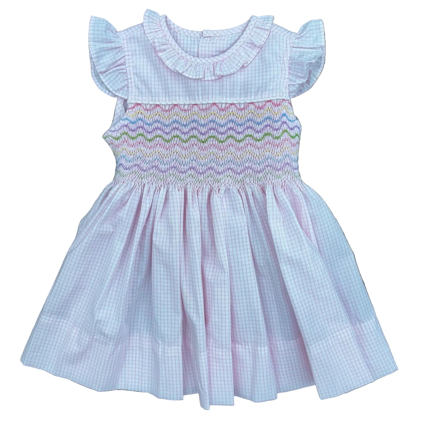 Pink Gingham dress with ruffle collar and sleeves and multicolor embroidery on smocked bodice.
