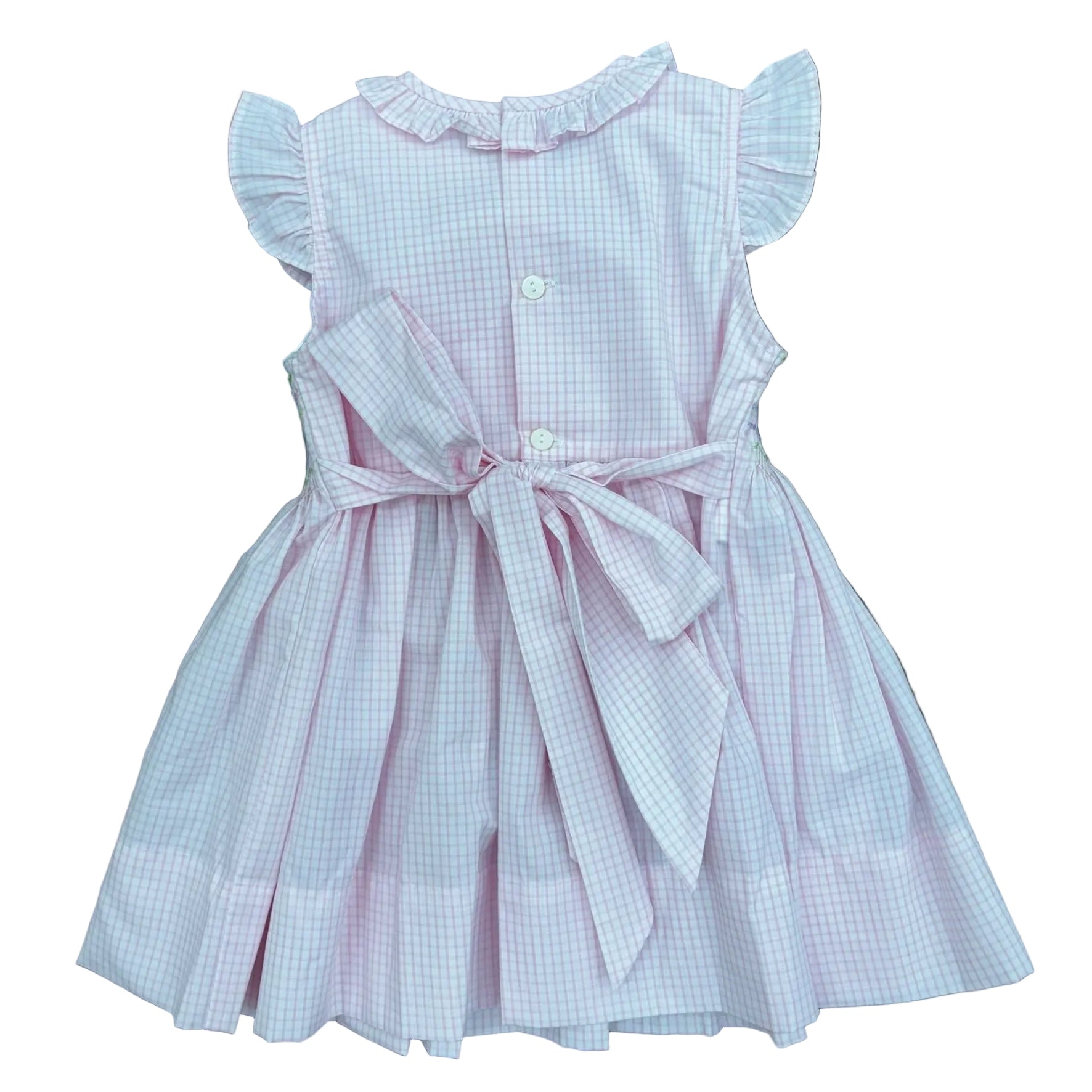 Back of Pink Gingham dress with ruffle and bow detail.