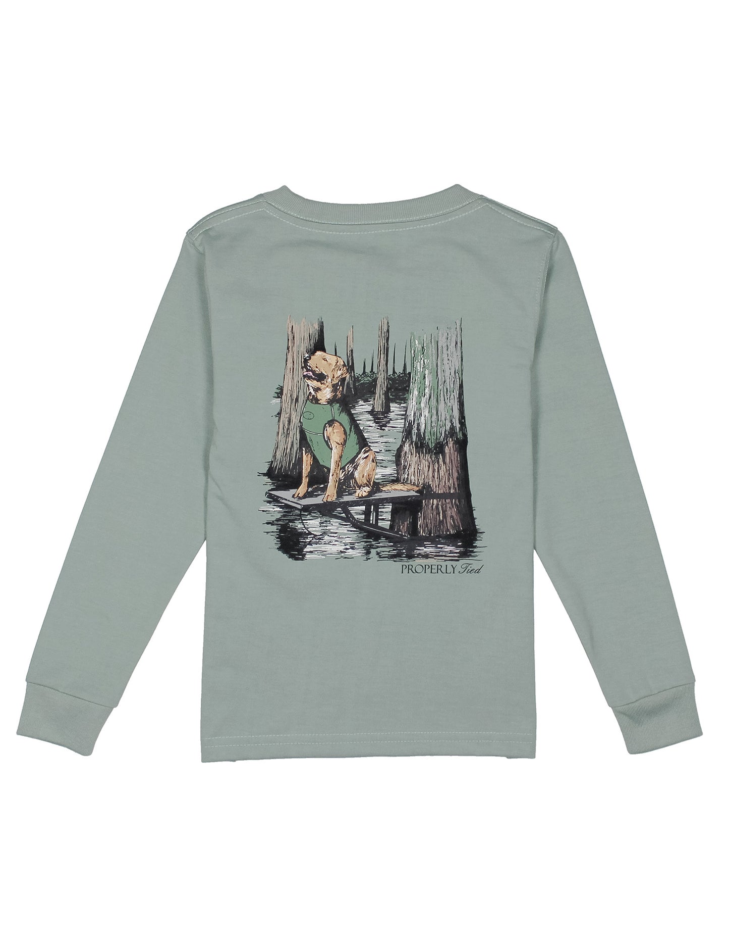 Sage green long-sleeve shirt with a graphic of a hunting dog on a dock in a forest on the back, displayed on a white background.
