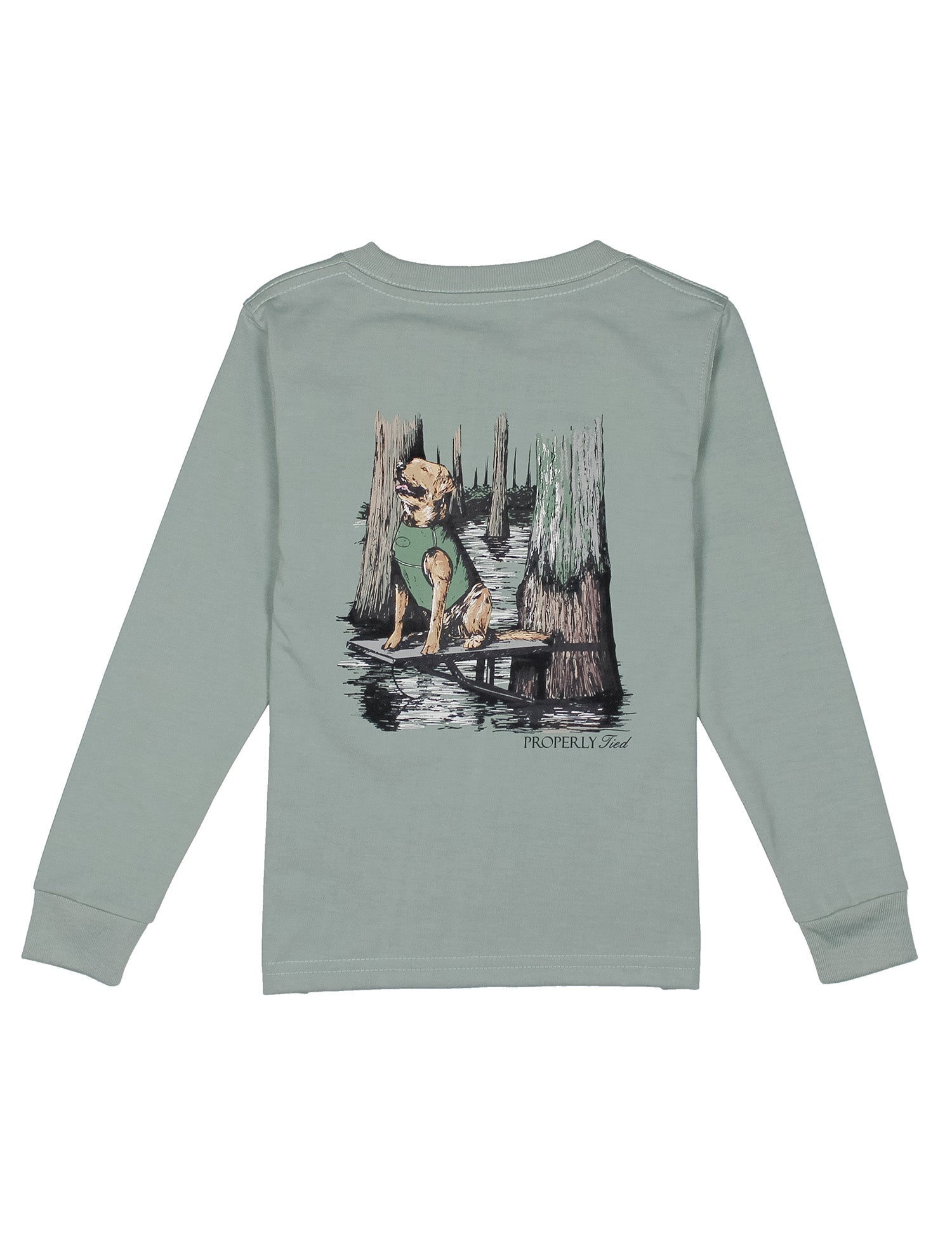Sage green long-sleeve shirt with a graphic of a hunting dog on a dock in a forest on the back, displayed on a white background.