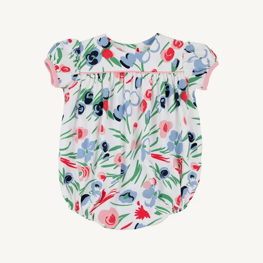 A baby short-sleeve bodysuit with a colorful floral print on a white background, featuring pink trim on the sleeves and neckline.