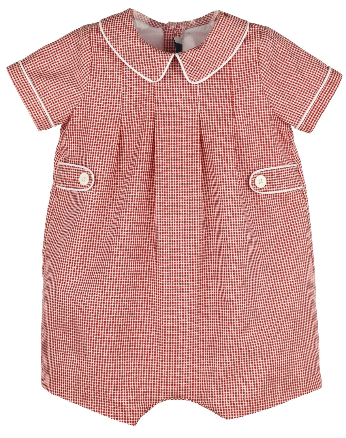 A short-sleeve baby romper in a red and white gingham check pattern, featuring a white Peter Pan collar, white piping details, and two front buttoned pockets.