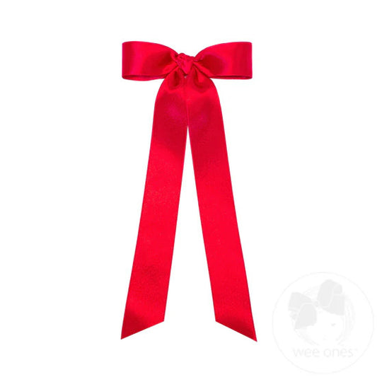 Mini French Satin Hair Bowtie with Knot Wrap and Streamer Tails - Red