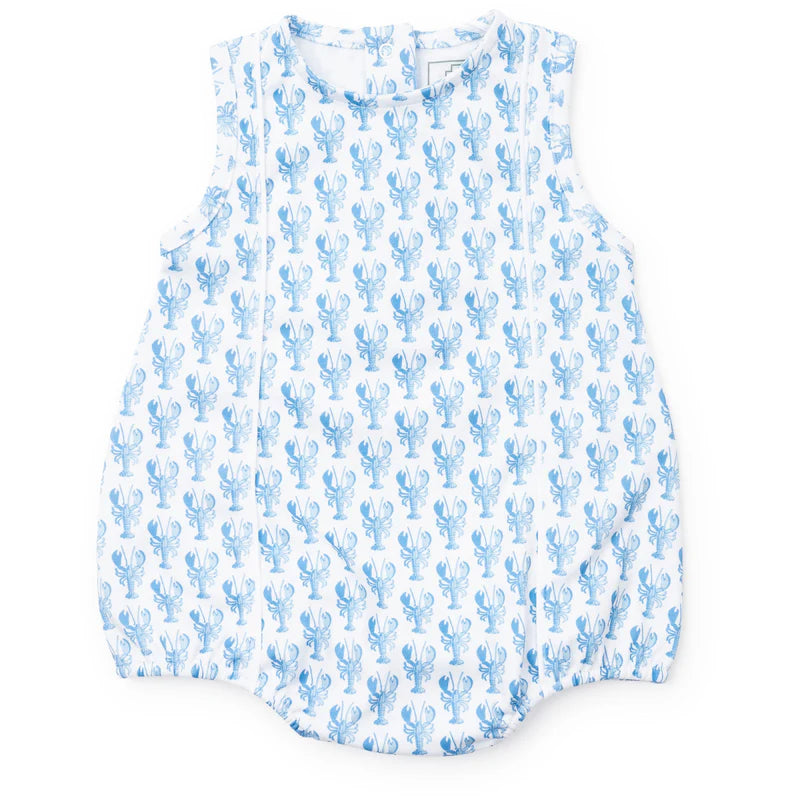 White sleeveless bubble with blue lobster print.