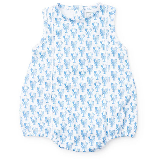 White sleeveless bubble with blue lobster print.