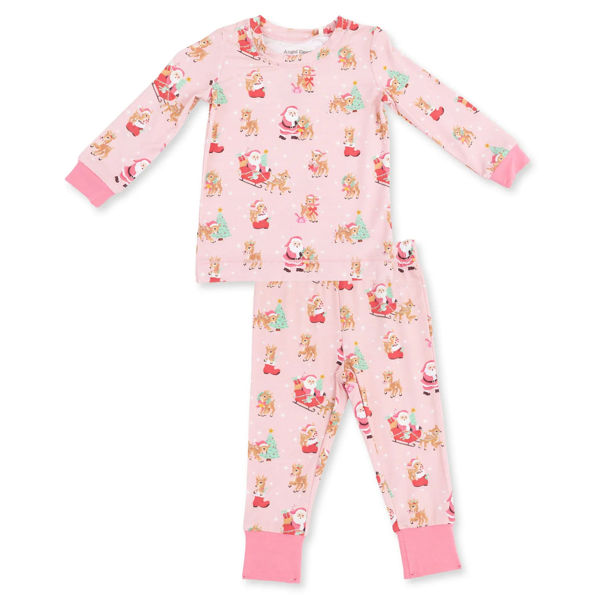 A two-piece children's pajama set featuring a long-sleeve top and matching pants in light pink with a festive Christmas print of Santa Claus, reindeer, and snowman faces. The pajamas have solid pink ribbed cuffs and hem.