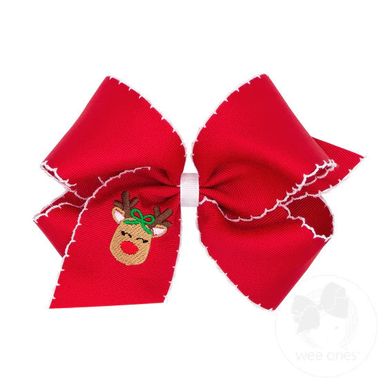 Grosgrain Hair Bow with Reindeer Embroidery and Moonstitch Edge