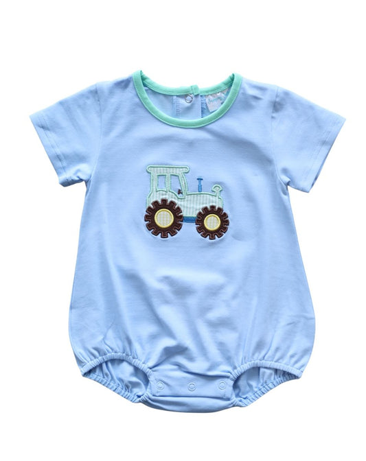 Light blue short sleeve bubble with tractor applique and green trim.