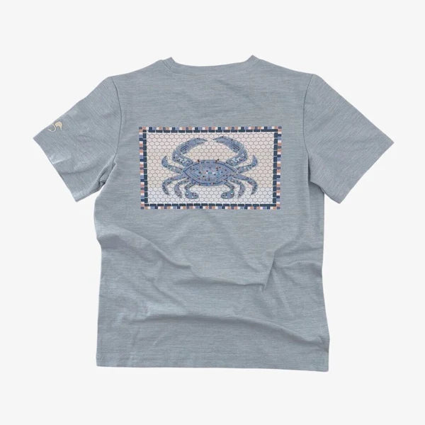 Light blue short sleeved tshirt with a blue mosaic crab design on the back.