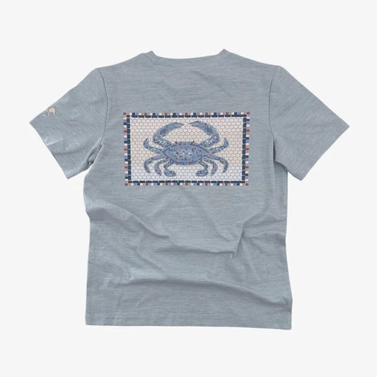 Light blue short sleeved tshirt with a blue mosaic crab design on the back.