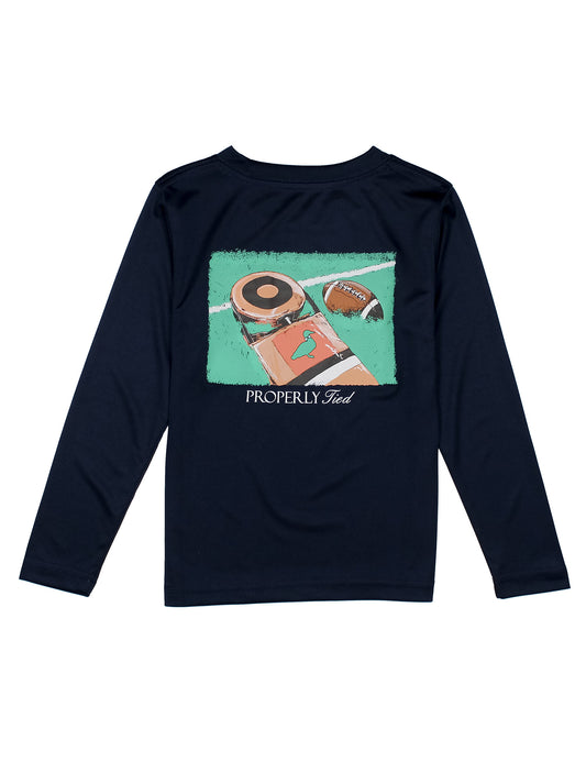 Navy long-sleeve shirt with football graphic design 