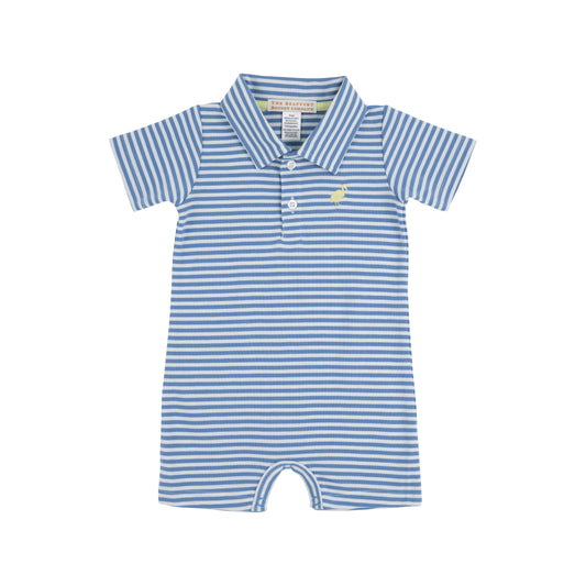 Sir Proper's Romper -Barbados Blue Stripe with Bellport Butter Yellow Stork