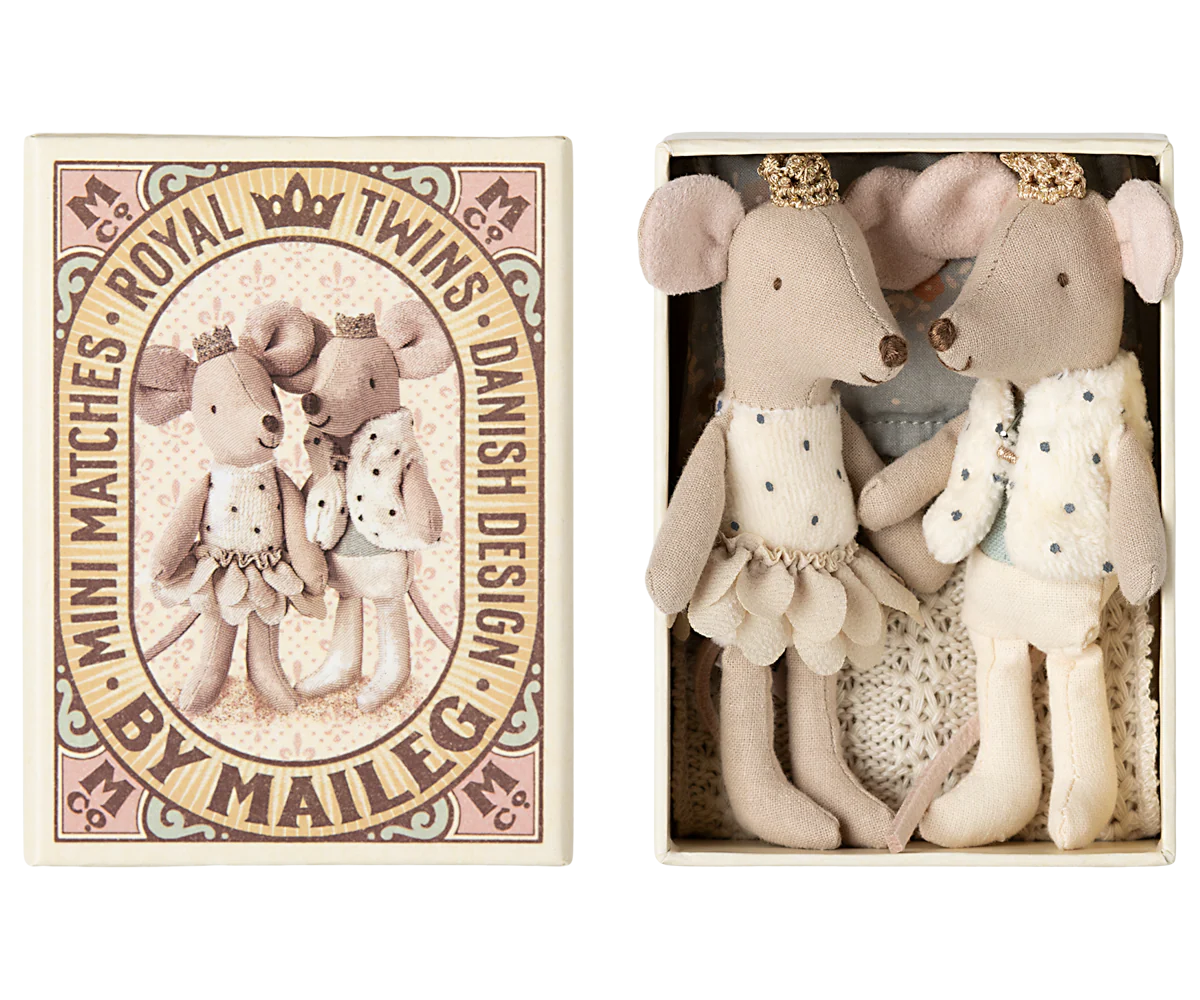 Two plush mice toy in a matchbox with a decorative label on the left for maileg mouse