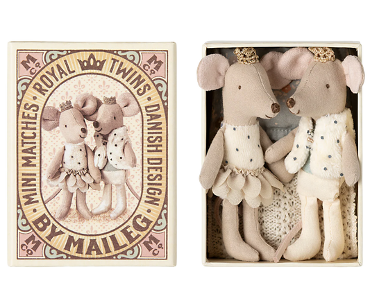 Two plush mice toy in a matchbox with a decorative label on the left for maileg mouse