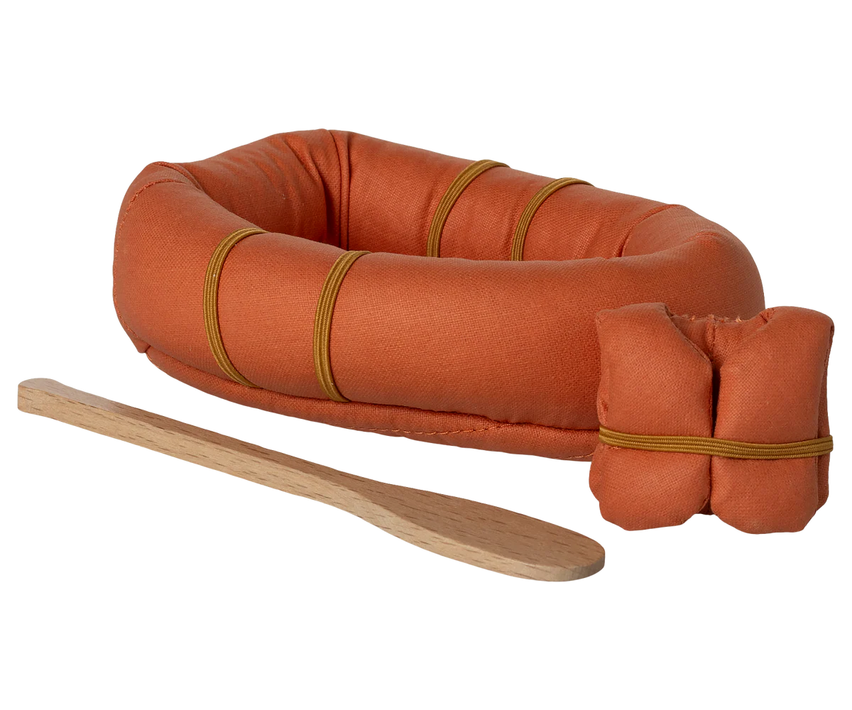 Orange inflatable raft with wooden oar for maileg mouse