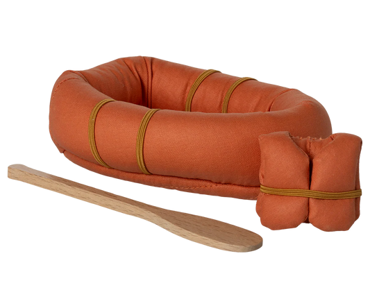 Orange inflatable raft with wooden oar for maileg mouse