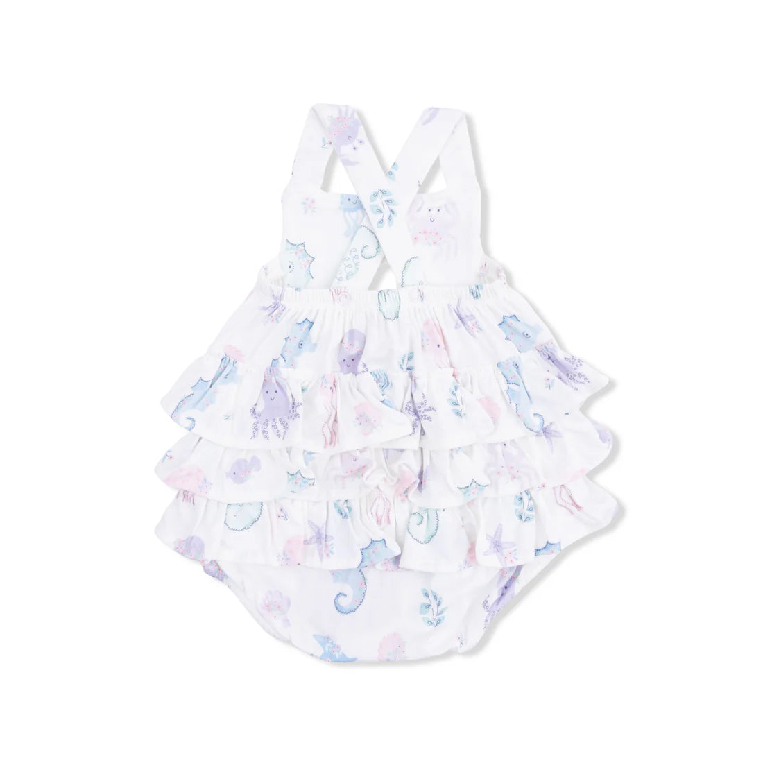 Back of sea creature sunsuit showing ruffles.