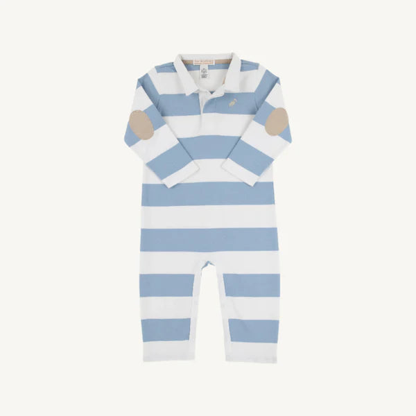 Sir Proper's Rugby Romper -Barrington Blue Stripe with Keeneland Khaki Stork