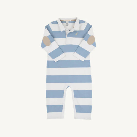 Sir Proper's Rugby Romper -Barrington Blue Stripe with Keeneland Khaki Stork