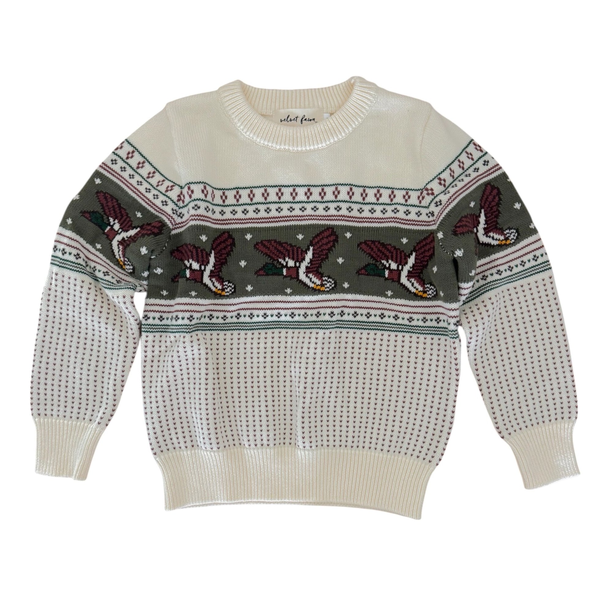 Sweater with flying duck pattern on a white background