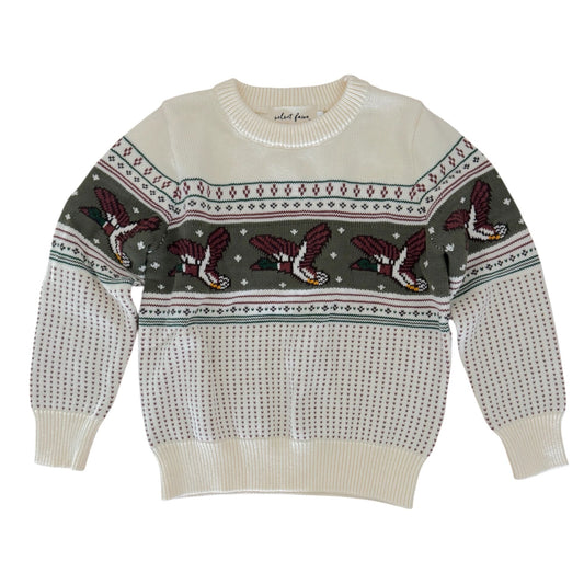Sweater with flying duck pattern on a white background