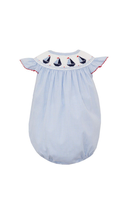 Sailboat Smocked Girl Bubble - Lt. Blue Gingham