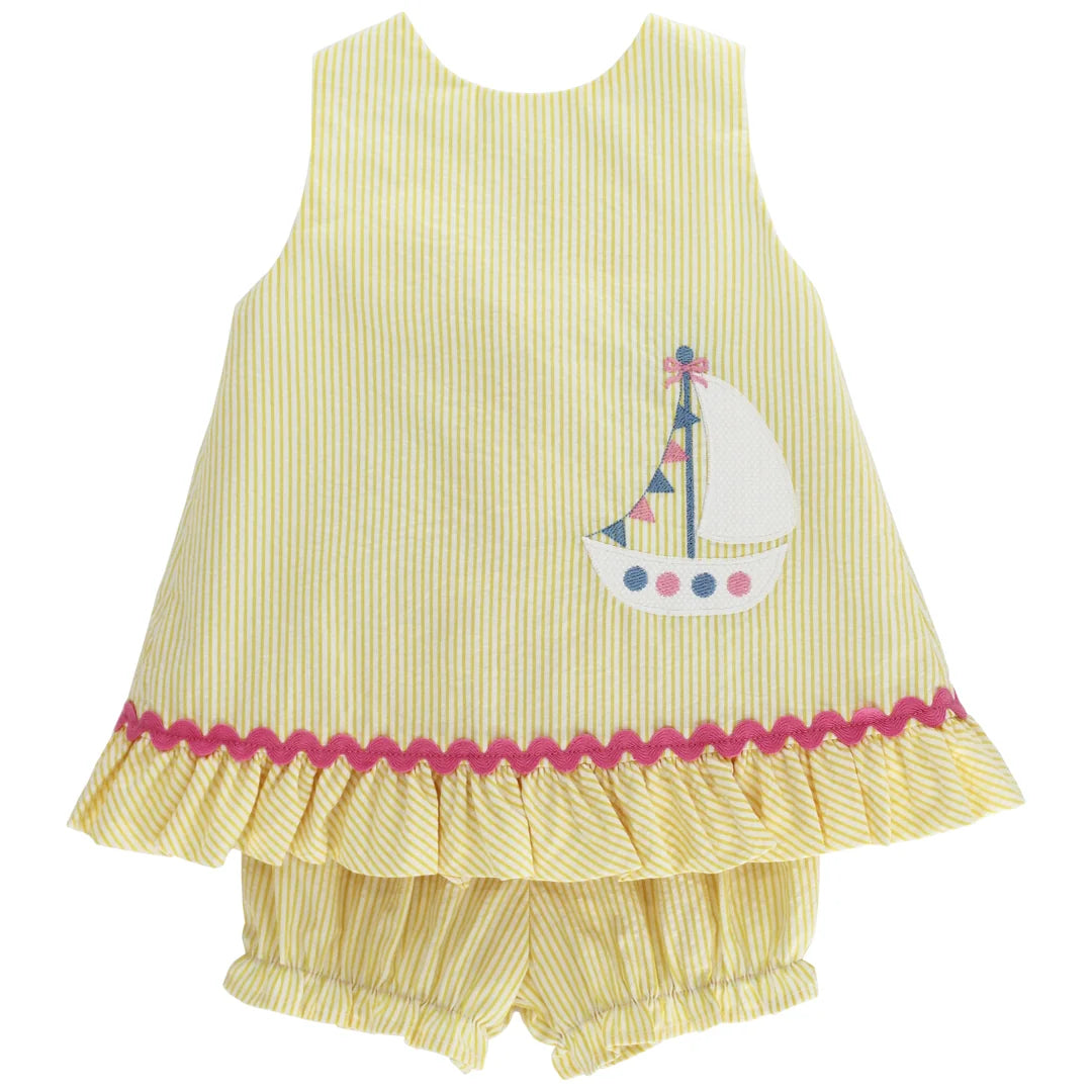 Yellow striped swing back with sailboat design and ruffled shorts