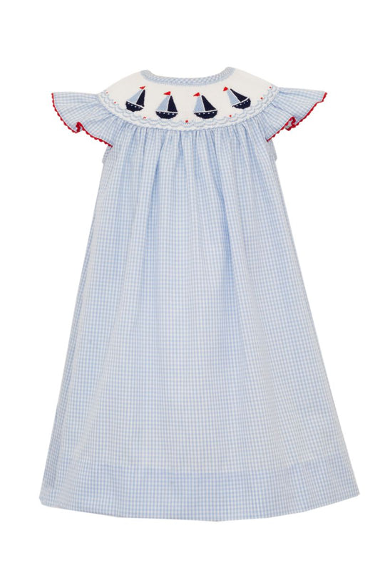 Sailboat Smocked Bishop Dress - Lt. Blue Gingham