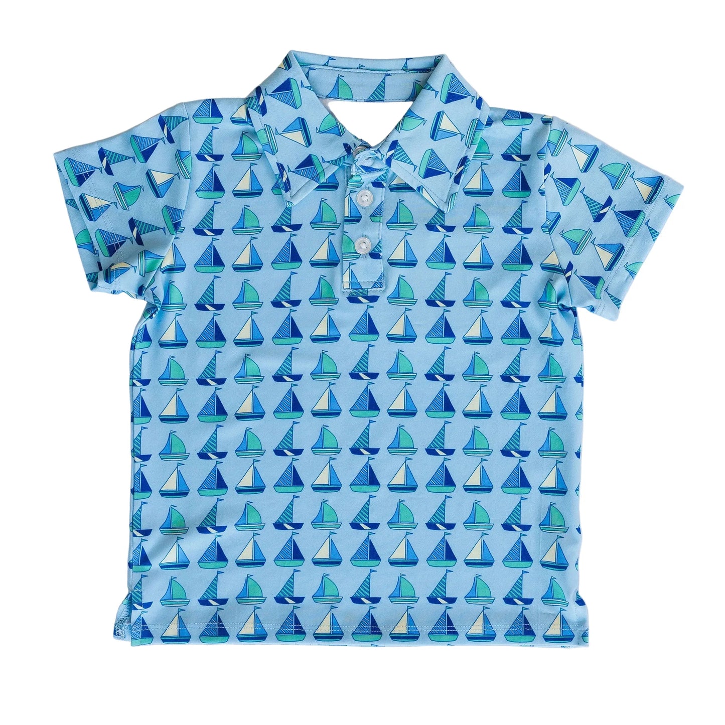Blue bamboo polo shirt with sailboat pattern 