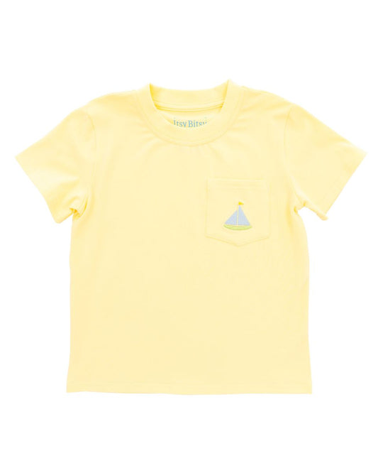 Yellow t-shirt with a sailboat embroidered on the pocket 