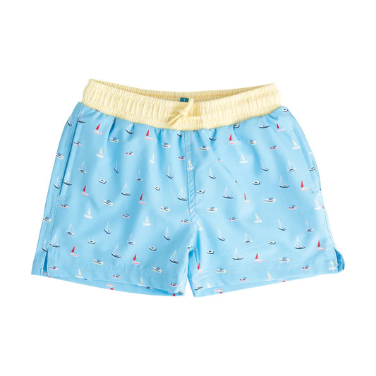 Light blue swimsuit with sailboats and yellow trim 